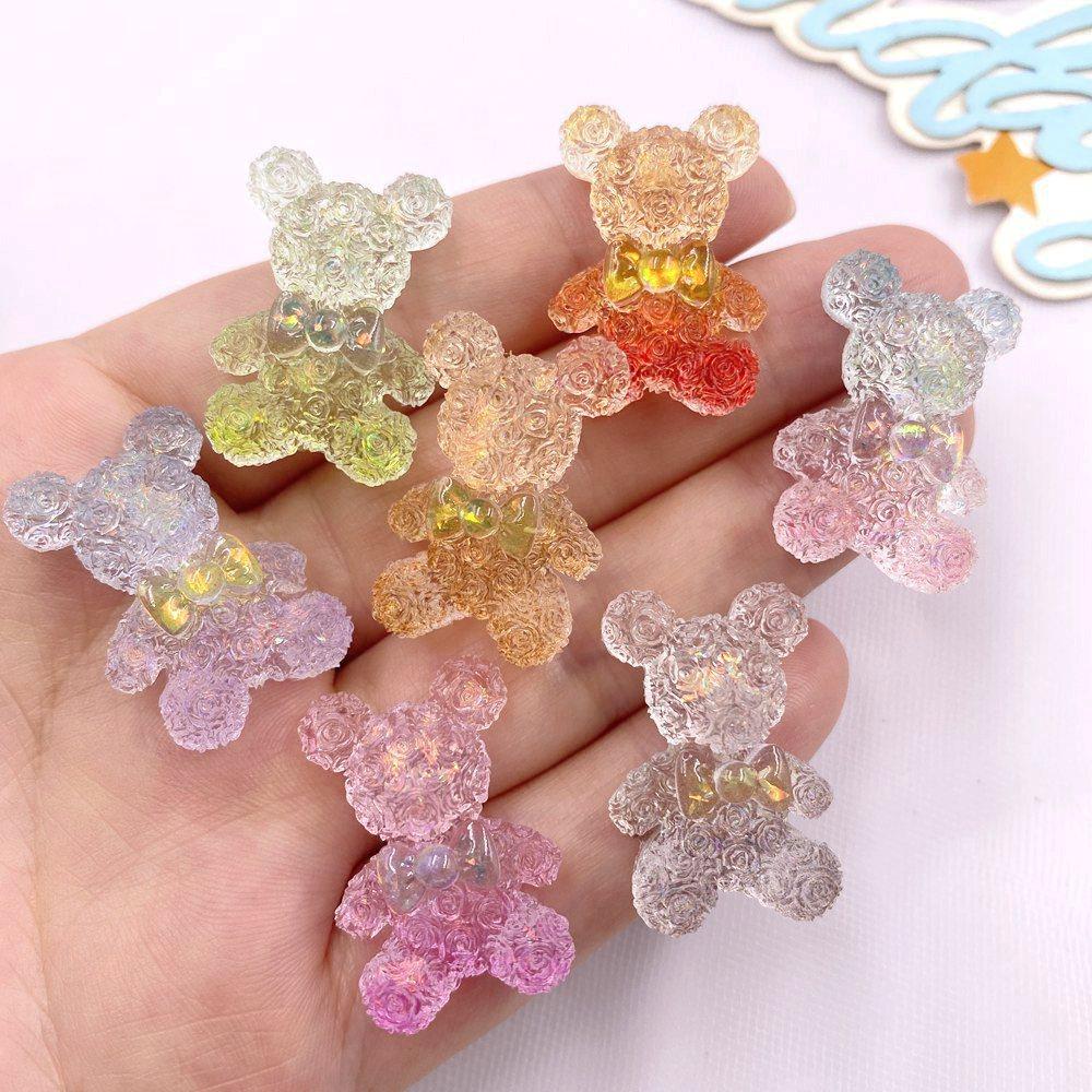 10PCS Colorful Resin Cartoon Bow Crystal Rose Bear Figurines Flatback Rhinestone DIY Wedding Decor Scrapbooks Accessories Crafts