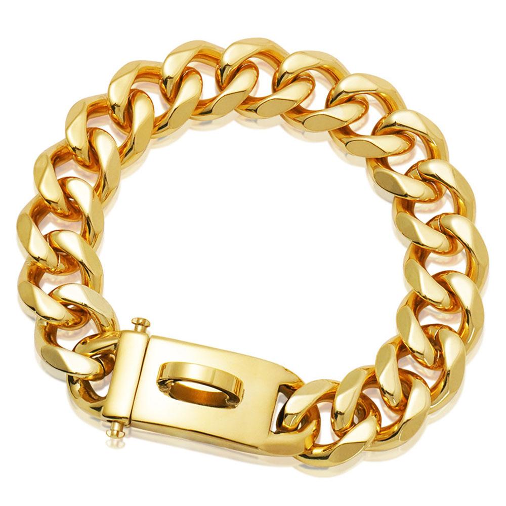 Strong Large Dogs Chain Collar 19Mm Cuban Link Chain Collar With Safety Buckle 18K Gold Stainless Steel Dog Martingale Collars