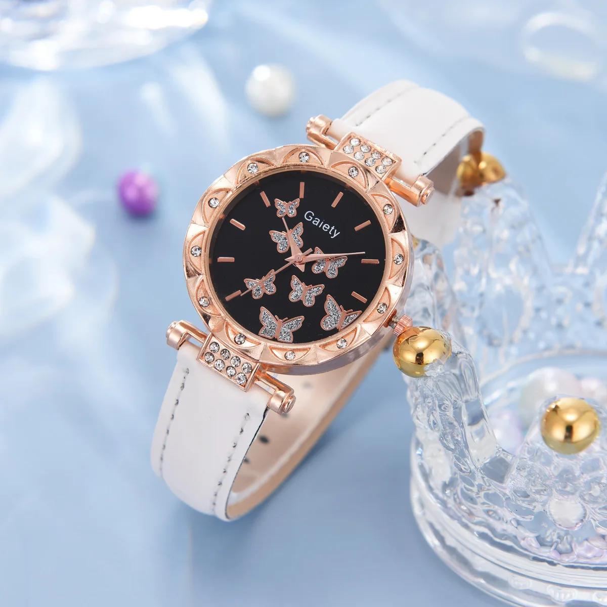 

6/1pcs Set Women Watch Ring Necklace Earrings Bracelet Set Watches Butterfly Leather Strap Ladies Quartz WristWatch (No Box) білий