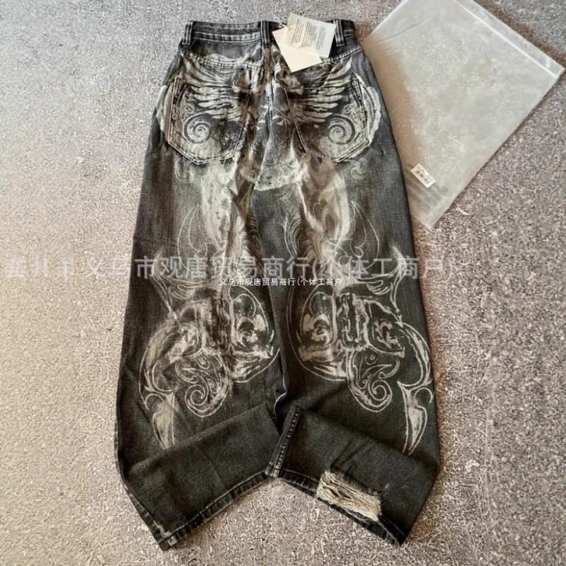 Vintage Print Wide Leg Denim Pants High Waist Loose Fit Streetwear Unisex Long Trousers