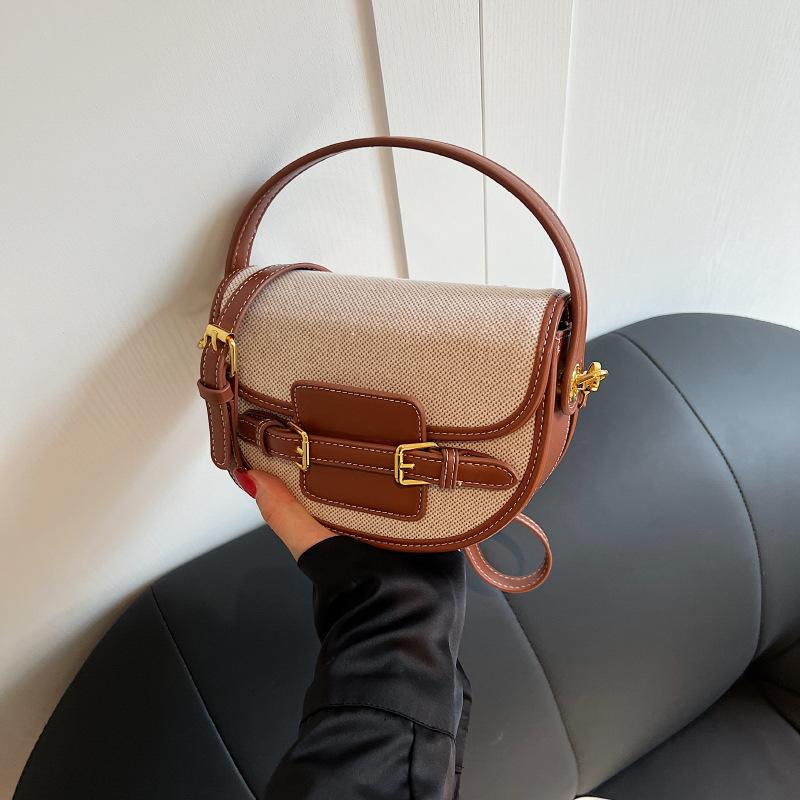 Semi-round Portable Retro Saddle Bag Women's Fashion Contrasting Color Niche Design Splicing Commuter Shoulder Messenger Bag