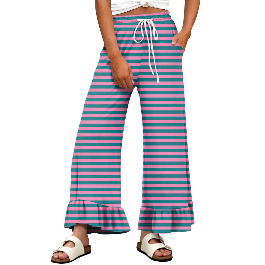 Women's Wide-Leg Casual Pants With Drawstring, Stretch, High Waist, Ruffled Hem, Wide Legs, Belted, And Pockets