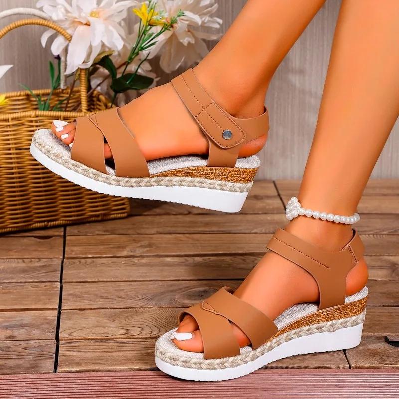 Women's open-toe wedge heel sandals, fashionable summer light and casual sandals, women's anti-slip Velcro shoes, sizes 36-43