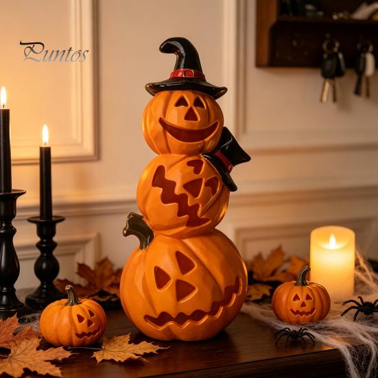 LED Pumpkin Light Halloween Spooky Lighted Figurine, Up Stacking Statue with Warm Decor Witch Hat for Home, Office, Haunt House, Indoor Outdoor Table