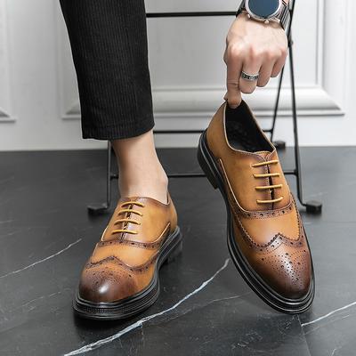 New Men British Business Casual Shoes Genuine Leather Block Lace Up Pointed Leather Shoe Brogue Carved Patterns Men Formal Shoes