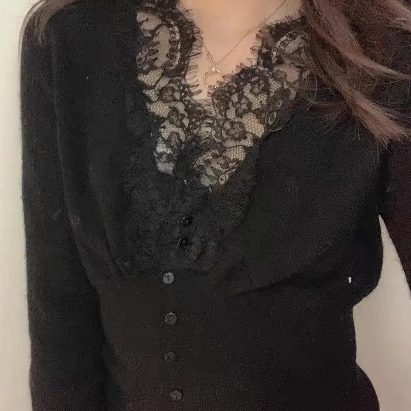 Pure Desire Collar Lace Splicing Knitted Cardigan Women's Spring Sweet and Spicy Versatile Bottoming Shirt with Sweater Inside