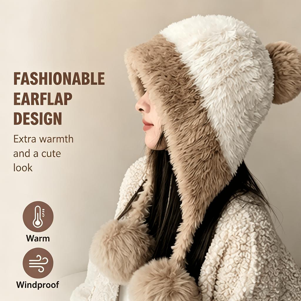 1pc Women'S Winter Pom-Pom Ear Flap Beanies, Fleece-Lined Thick Hats, Stretchy Large Head Circumference Windproof Hats for Cycling And Outdoor Use