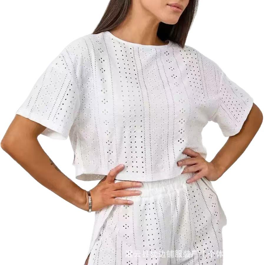 2025 European & American Solid Color Hollow Out Pajama Set - Plus Size Women's Summer Short Sleeve & Shorts