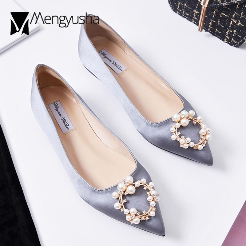2024 Beads Metal Buckle Flats Woman Satin Bridesmaid Shoes for Women Pointed Toe Pearl Loafers Wedding Moccasins Plus Size 45