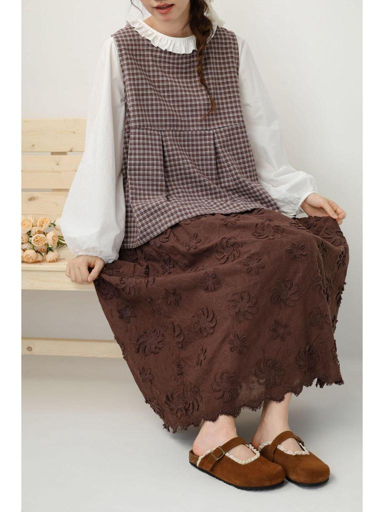 Saia Midi Bordada com Flores 3D Estilo Mori Girl com Forro – Casual & Versátil