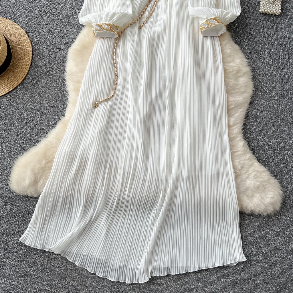 Vintage Court Style Autumn Heavy Industry Sequined Embroidered Long Pleated Bubble Sleeve Dress Women's Pleated Skirt