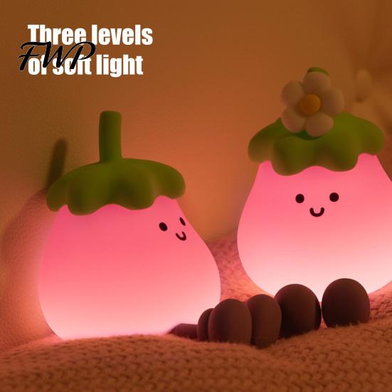 Cute Eggplant Night Light Light, Tap Touch Control Bedside Lamp, 3 Brightness Levels & Kids Bedroom Lighting Auto 30-Min Timer, USB Rechargeable