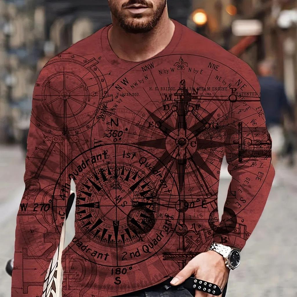 Compression Shirt Vintage Men's O-Neck Long Sleeved T-Shirt Nautical Print Tops Fitness Sunscreen Quick Dry Breathable T Shirts