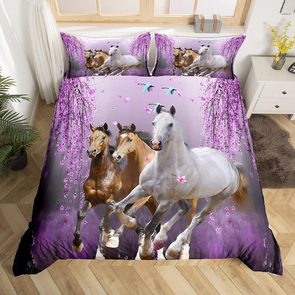 Comforter Horse Cherry Blossom Branches Lavender Purple Bedding Sets Galloping Horse Comforter 2/3Pcs