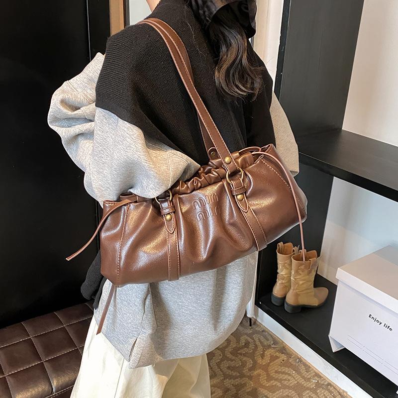2025 new brown retro drawstring baguette bag single shoulder underarm portable casual pleated women's bag