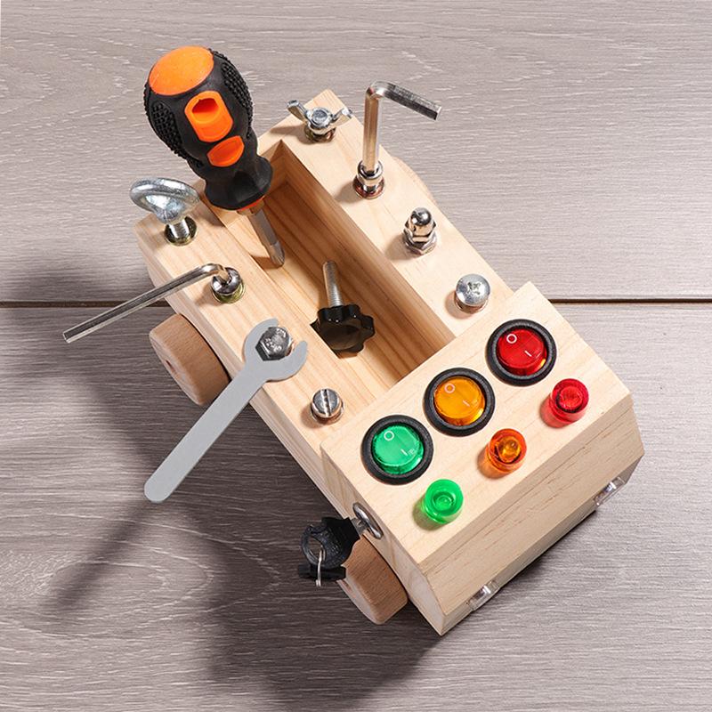 Children'S Wooden Led Switch Busy Board Disassembly And Assembly Screw Nut Tool Cart Montessori Early Education Educational Toy