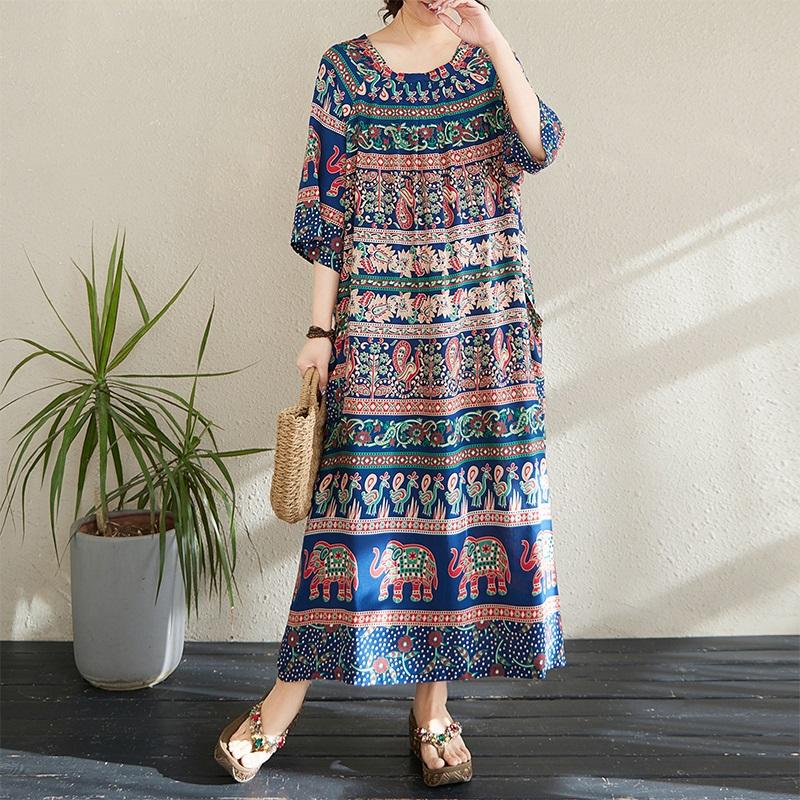 Short Sleeve Plus Size Cotton Vintage Floral New In Dresses for Women Casual Loose Long Summer Dress