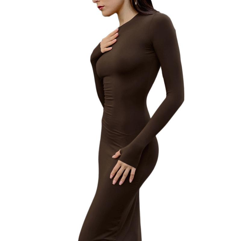 2026 solid color round neck long-sleeved dress slim-fitting hip-wrapping and thin long dress women