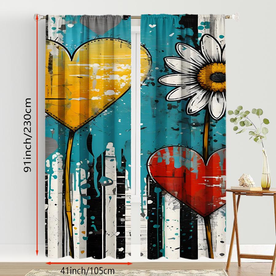 2PCS Blues Graffiti Heart Daisy Curtains   Cool City Art Style   Valentine's Day   Bedroom Living Room   Pull up Pocket Style