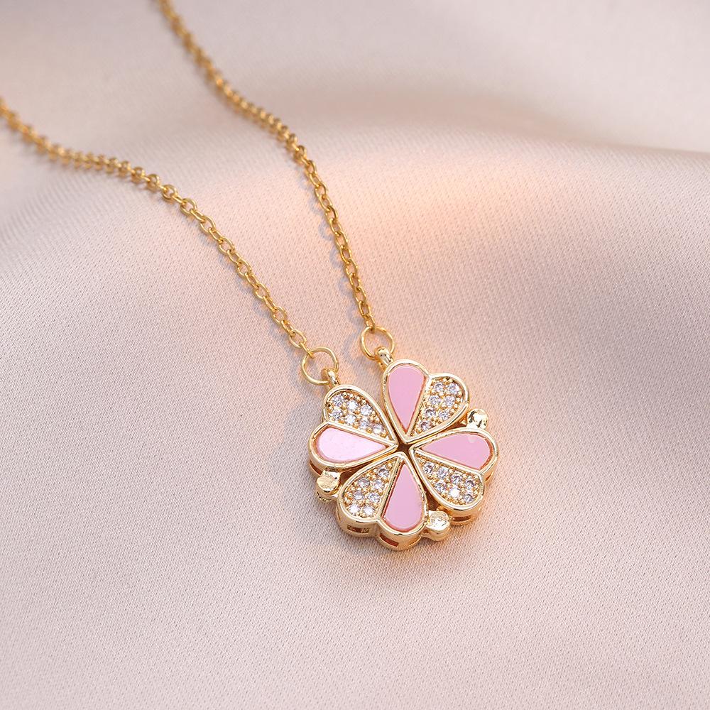 Women's Japanese Korean Folding Fashion Two-Wearing Four-Leaf Flower Heart-to-Heart Clavicle Necklace Zircon Copper Water-Wave