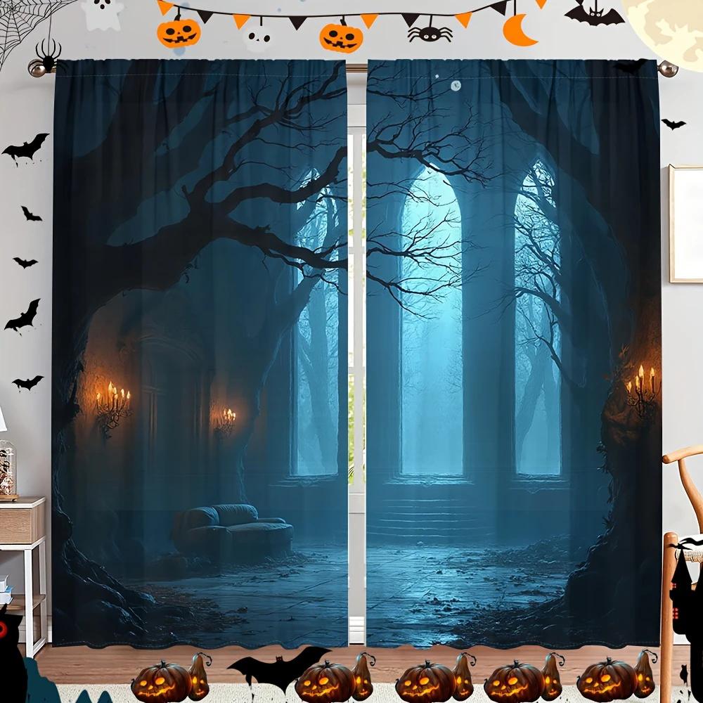 Set Of 2 Halloween Dark Forest Castle Printed Curtains Pole Bag Home Decorations Room Curtain Made Polyester