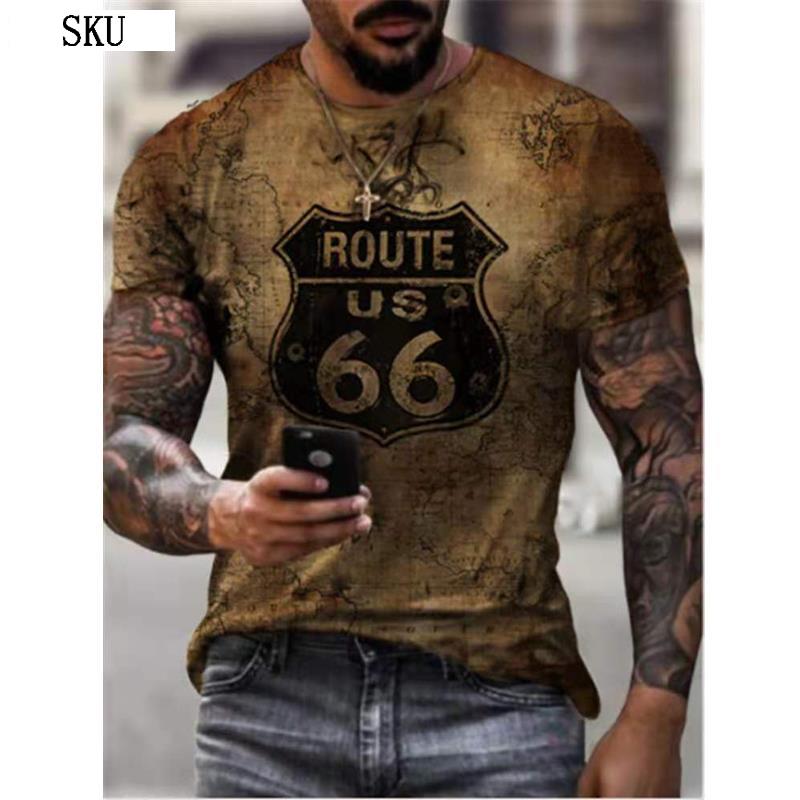 Summer Round Neck 3D Route 66 America Highway Print Top Fashionable Casual Short Sleeved Men's T-shirts