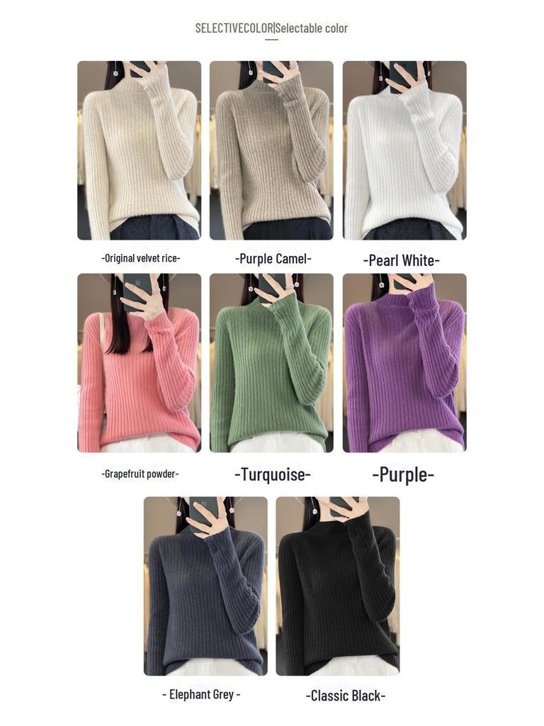 2024 Autumn/Winter Women's Pure Wool Half-High Collar Ribbed Sweater - Slim, Versatile, and Loose-Fitting Knit Top