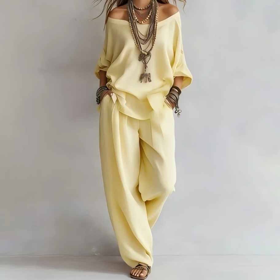 Set Due Pezzi Casual Estivo Lento Outfit Donna Moda Top a Manica Lunga Scollatura a Barca e Pantaloni a Gamba Larga Set Completi