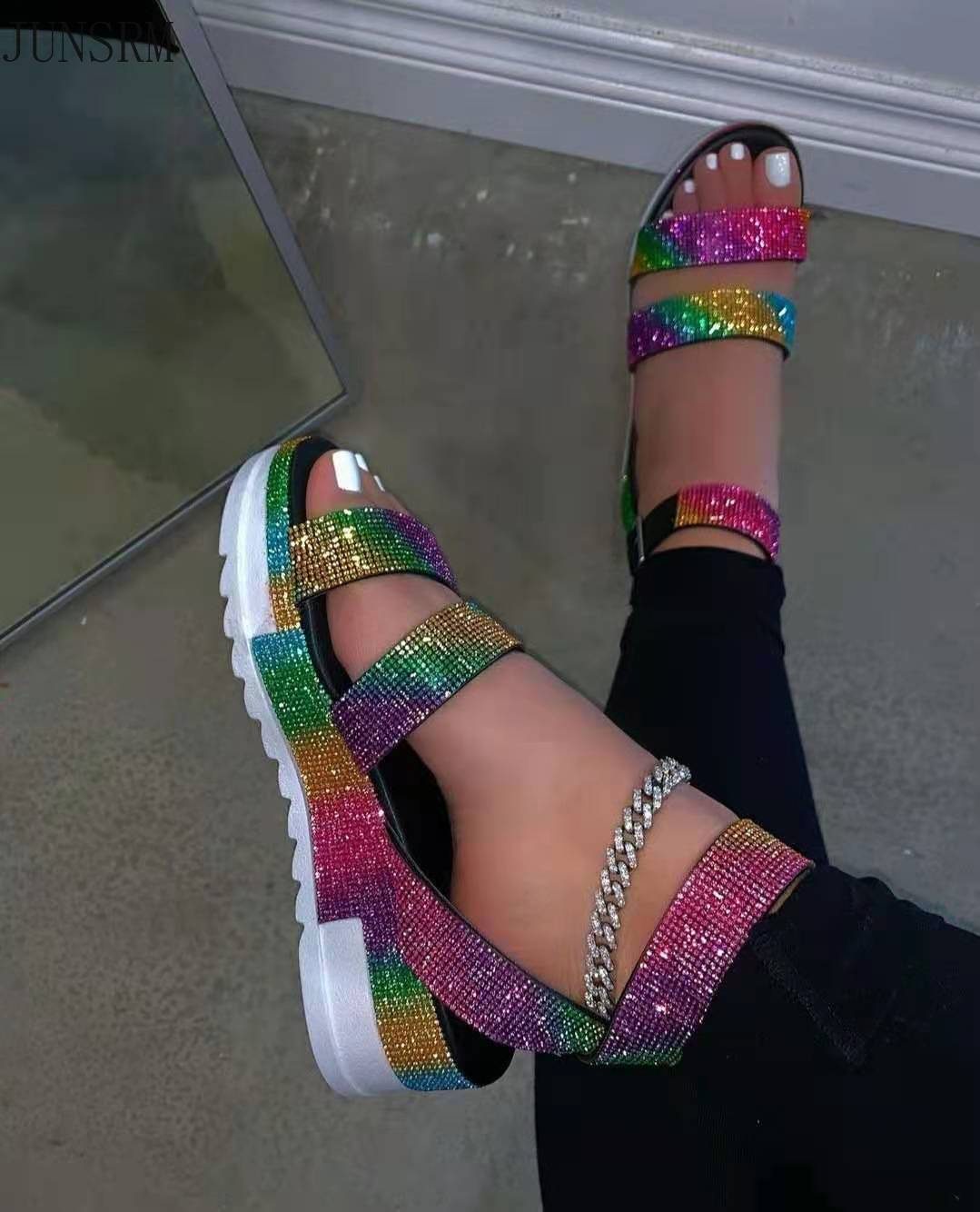 

Женская обувь Сандалии со стразами Летние пляжные тапочки для женщин Босоножки на платформе Вьетнамки Пляжные сандалии с кристаллами и пряжками Повседневные сандалии 36