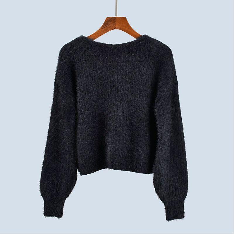 Round Neck Loose Short Long Sleeve Idle Style Imitated Mink Fluff Knitting Sweater Pullover Autumn Women Top