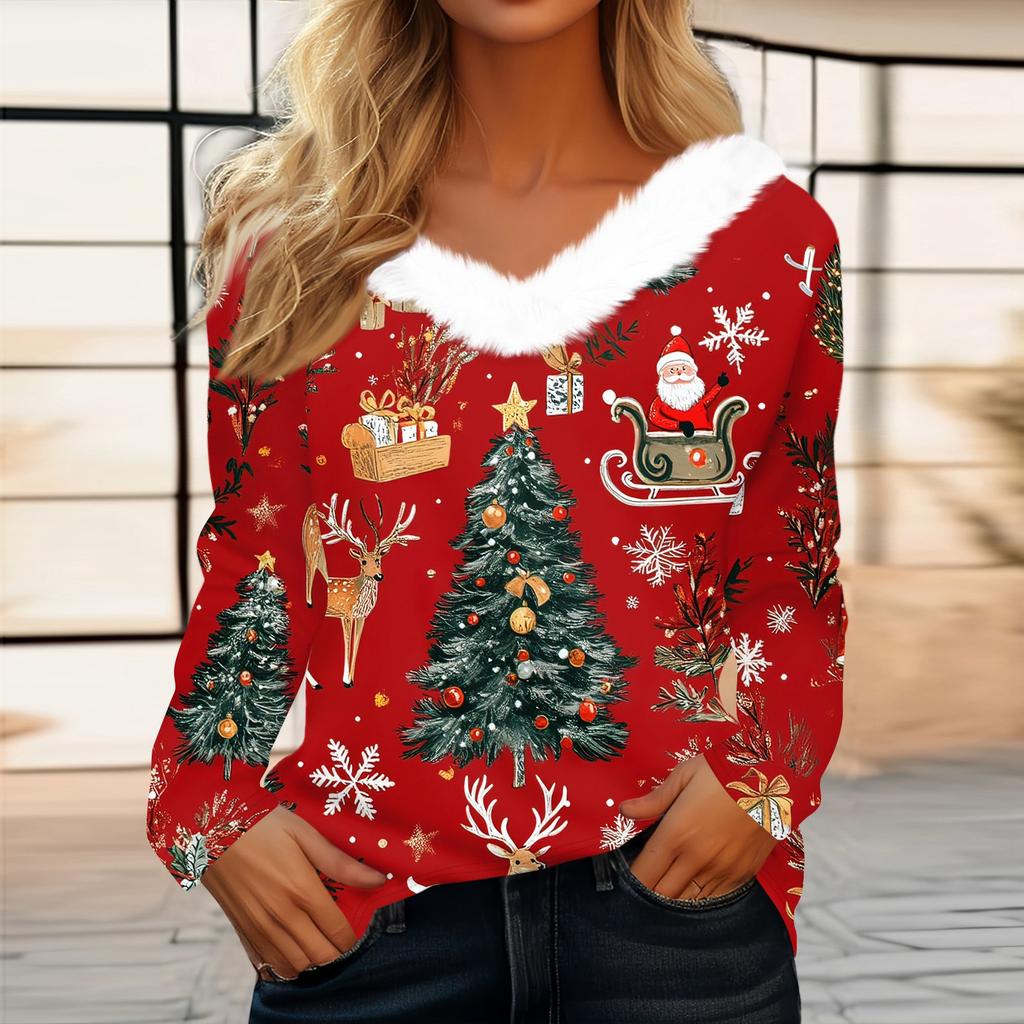 Women's T Shirt Tee Christmas Print Shirt Long Sleeve Party Christmas Fleece Collar V Neck  Top