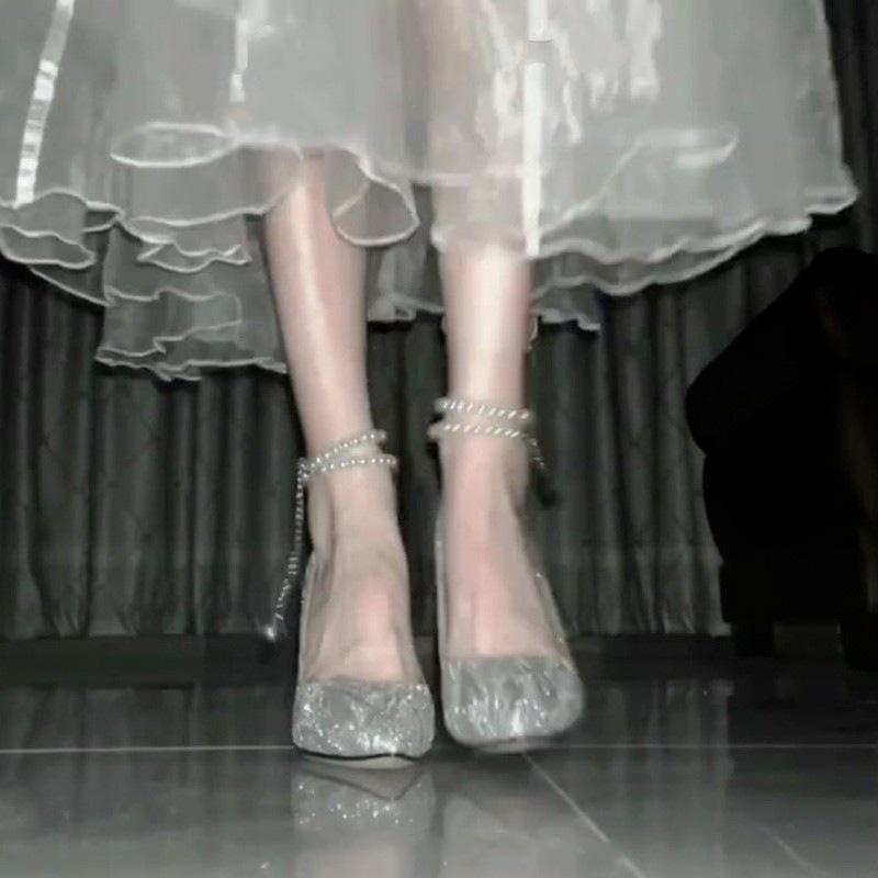 High heels women's new silver pearl chain in the summer of 2024 beautiful wedding shoes pointed thin heels light mouth outer single shoes