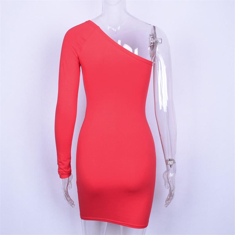 Cotton One Shoulder Slope Long Sleeve High Waist Bodycon Dresses Women Fashion Party Dress