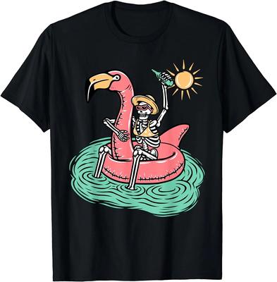 Engraçado Verão Esqueleto Flamingo Flutuante Férias Praia Bebida T-Shirt para Mulheres Unissex Férias T-Shirt Diário Quatro Estações Algodão