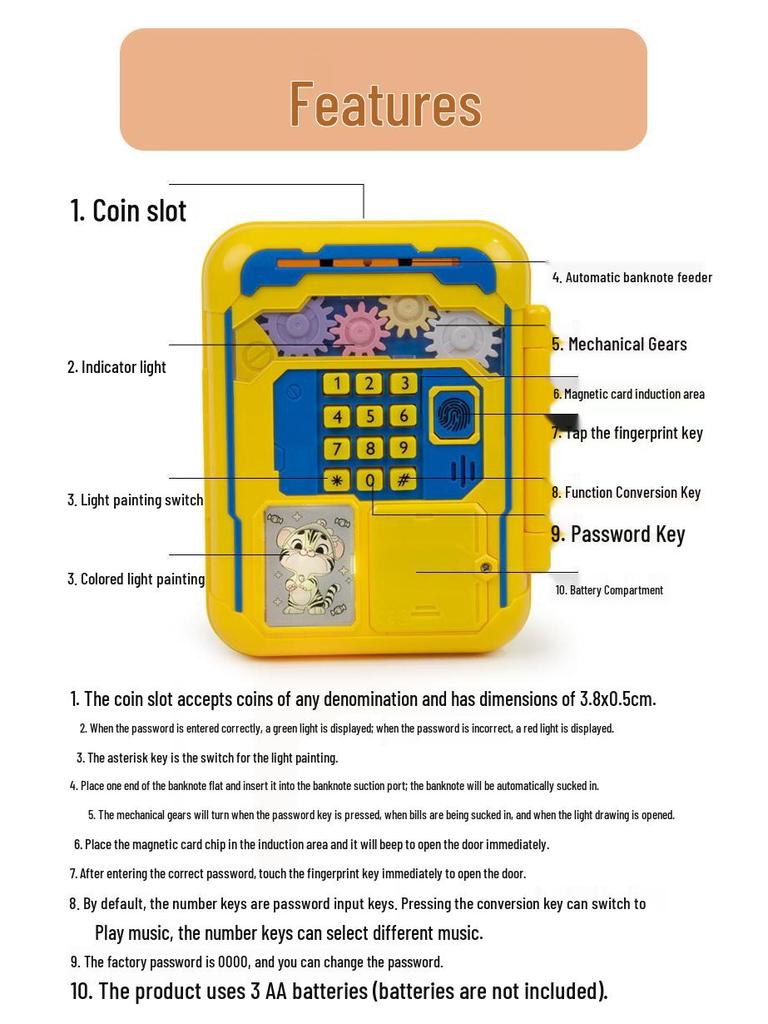Children’s Mechanical Gear Piggy Bank with Automatic Bill Rolling, Password Lock, Music, and Card Reading Door