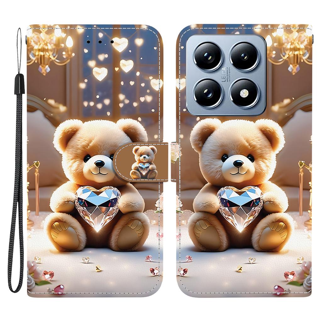 For Xiaomi 14T Pro Leather Case Stand Wallet Pattern Printing Phone Cover with Wrist Strap