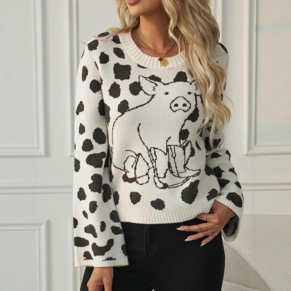 Women's Forest-Inspired Loose Pullover: Soft Black and White Knit Sweater for Autumn/Winter