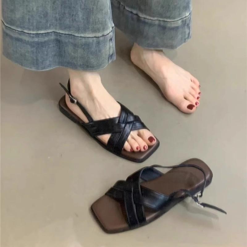 

Женские летние сандалии для улицы, новые красивые ретро, для отпуска, приморские, мягкие, плоские, пляжные туфли 40 чёрный