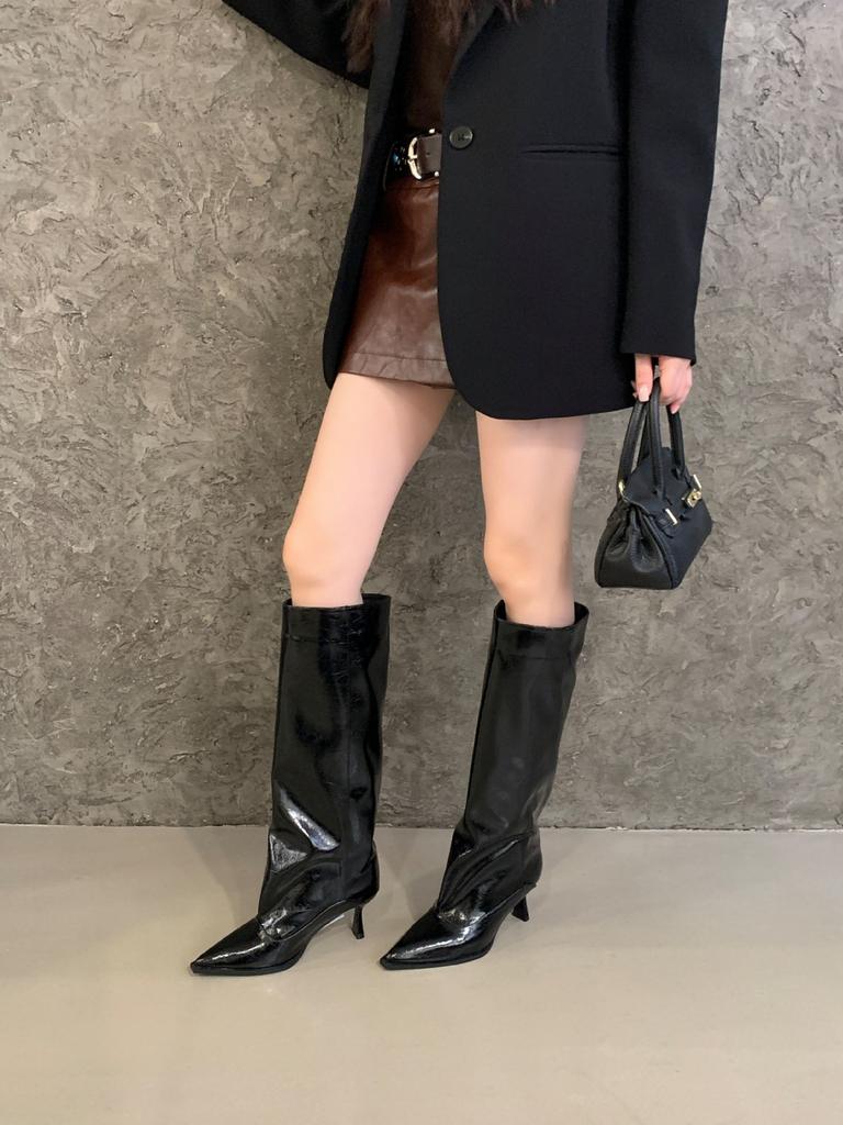 Feeling! Grey Patent Leather Pointed-tipped Pleated Boots Female Spice Girl Style Fine-heeled High-heeled But Knee-high-heeled Knight Boots