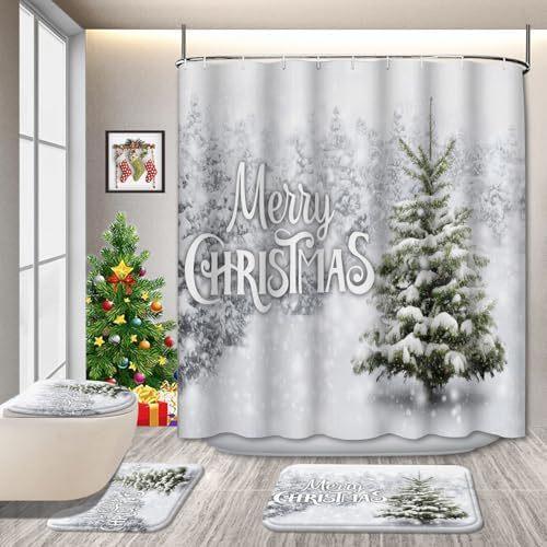 Christmas 4-Piece Bathroom Curtains Christmas Tree Snow Shower Curtain Non-Slip Bath Mat U-Shaped Bathroom Mat Toilet Cover