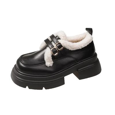 Fashion British Style Buckle Designer Platform Shoes for Women Fashion Casual Winter Warm Loafers Female PU Leather Shoes Ladies