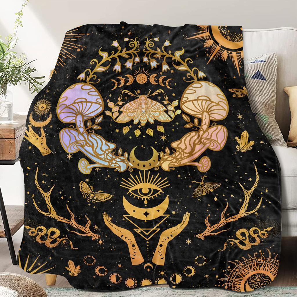 Mushroom Hippie Teppe Moth Gothic Witchy Flanell Teppe for All Season Sun Moon Fuzzy Soft Sofa Kontor Teppe