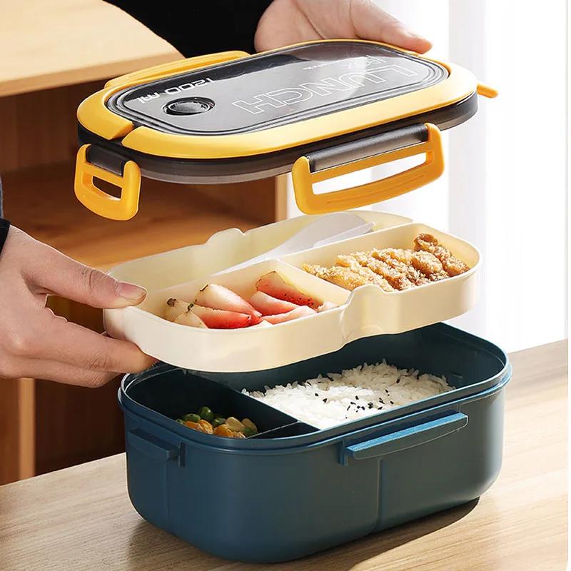 Portable Hermetic Lunch Box, 2 Layer Grid, Student Bento Box with Fork Spoon, Leakproof, Microwavable, Prevent Odor, School