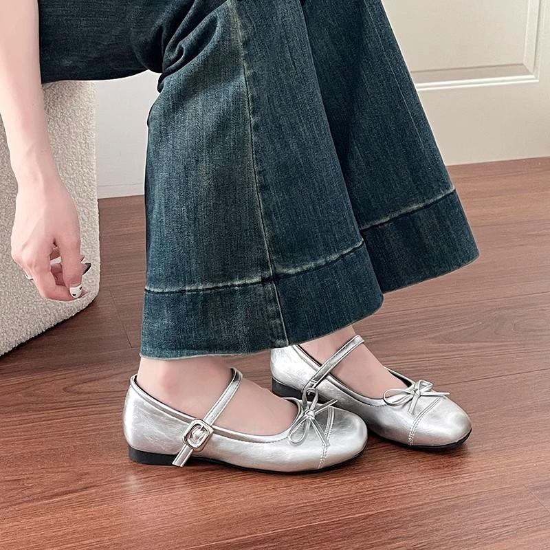 Silver Light Mouth Ballet Flat-soled Single Shoes for Women's 2025 New Summer Skirt French Round Head Mary Jane Shoes