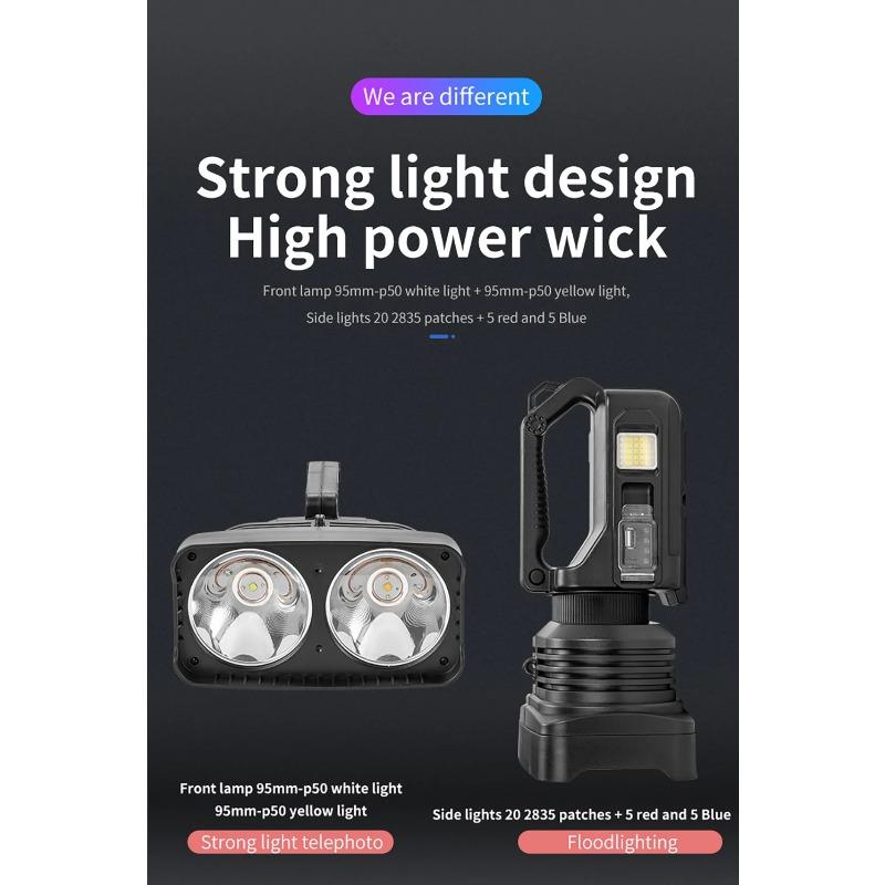 2*XHP50 Super Bright LED Camping Spotlight Fishing Flashlights with Side Light Waterproof Floodlight USB Rechargeable Flashlight