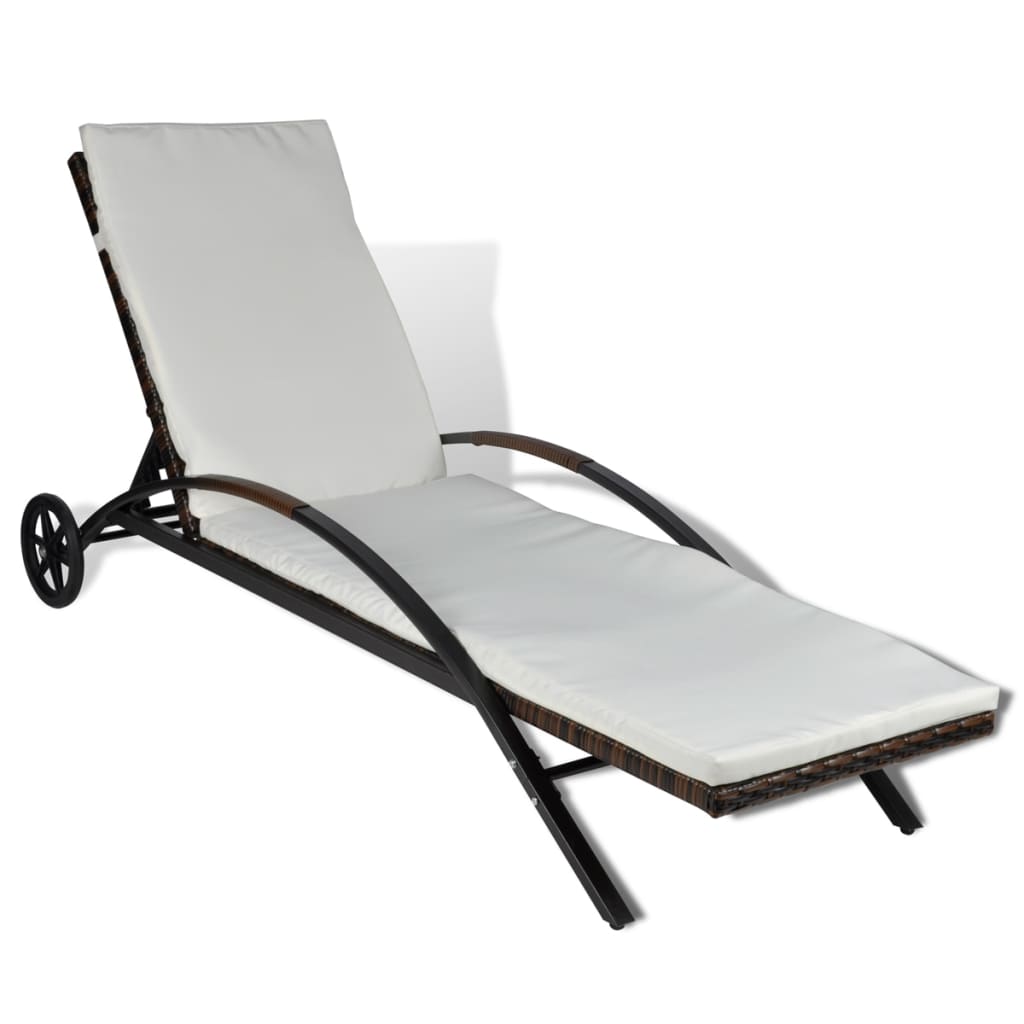 Brown Poly Rattan Sun Lounger with Cushion and Wheels