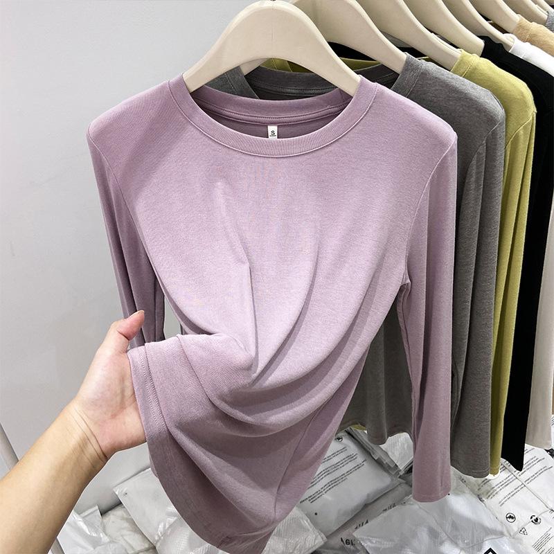 Spring Autumn Round Neck Solid Color Bottomed Tee Women Simple All-match Long Sleeve Pullover T-shirt Top