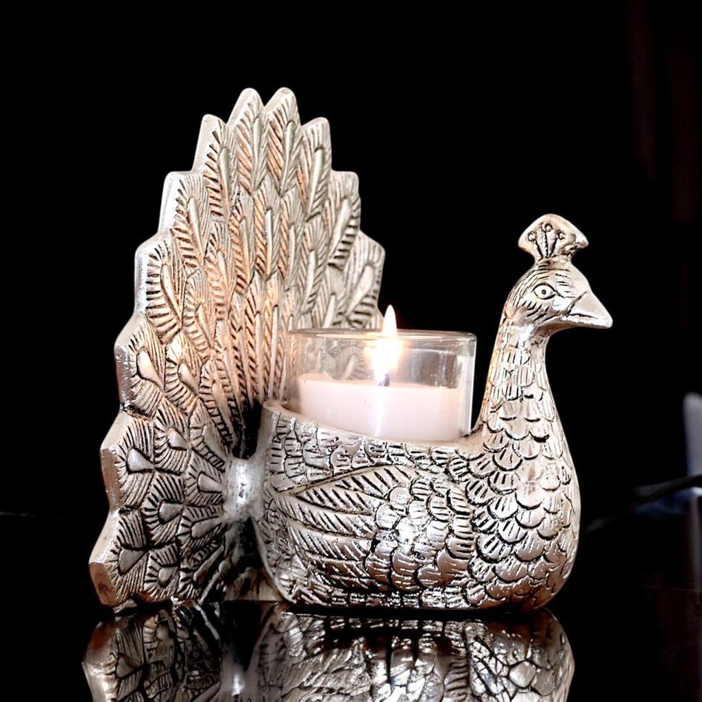 Metal Dancing Peacock Candle Holder Vastu Figurine for Good Luck and Love | Candle Holder for Home Dcor Tabletop Living Room Office | Showpiece