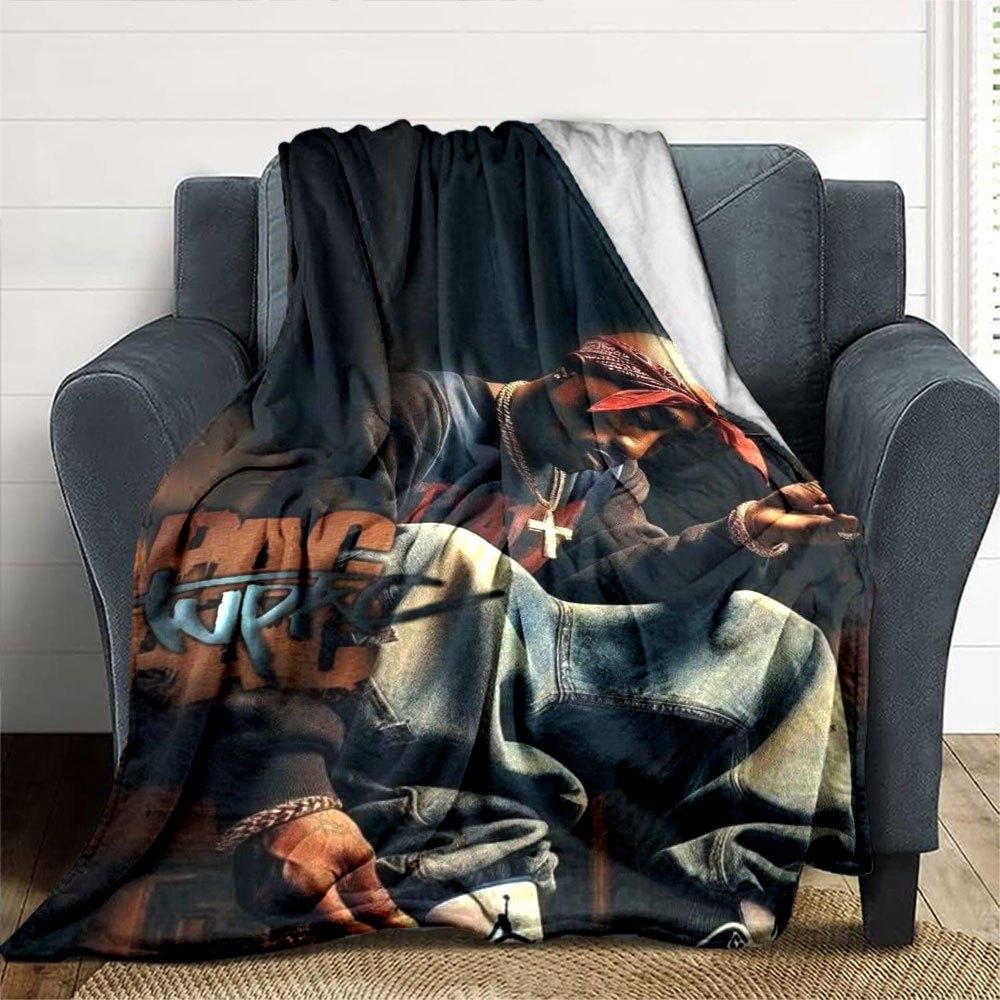 1pc 2PacHip Hop Blanket Soft Lightweight All Season Multi Purpose Throw for Sofa, Bed, Office & Picnics, French Style with Iconic Album Art & Quotes