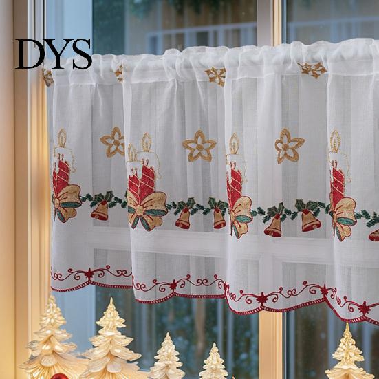 Easy Installation Pole Bag Valances Christmas Embroidered Valance Curtain, Sheer Light Filtering Candles Bells Curtains for Kitchen Windows